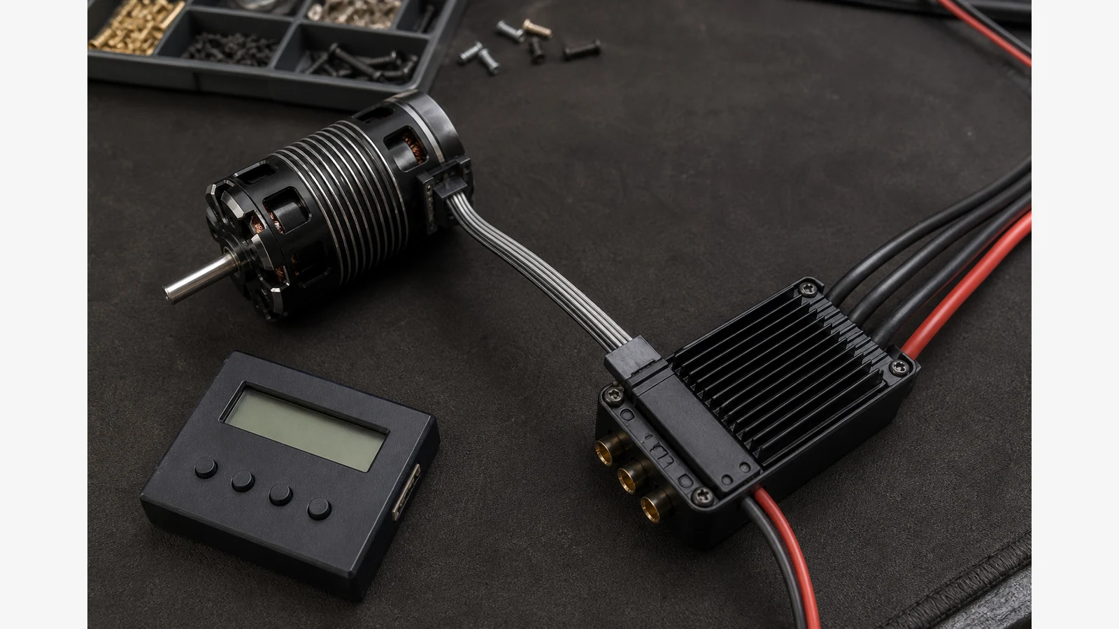 Sensored 540 RC drift motor connected to an ESC with sensor cable for pairing checks