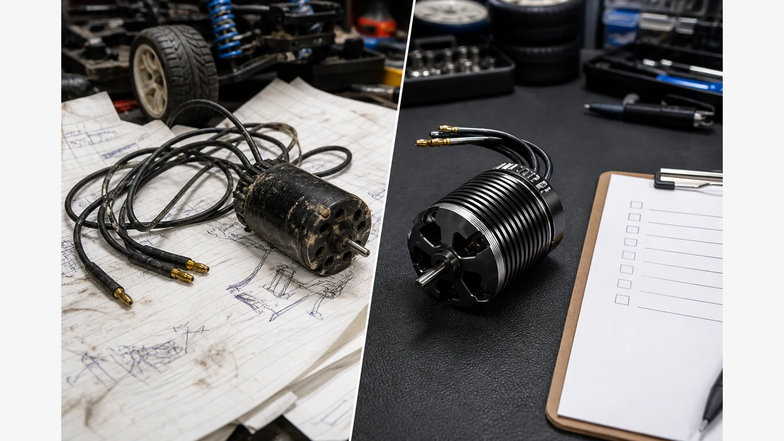 Checklist-style upgrade scene from sensorless RC drift motor setup to a tidy sensored 540 install