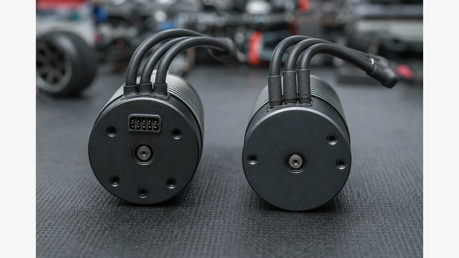 Comparison concept showing a sensored 540 RC drift motor sensor port beside a sensorless three-wire motor